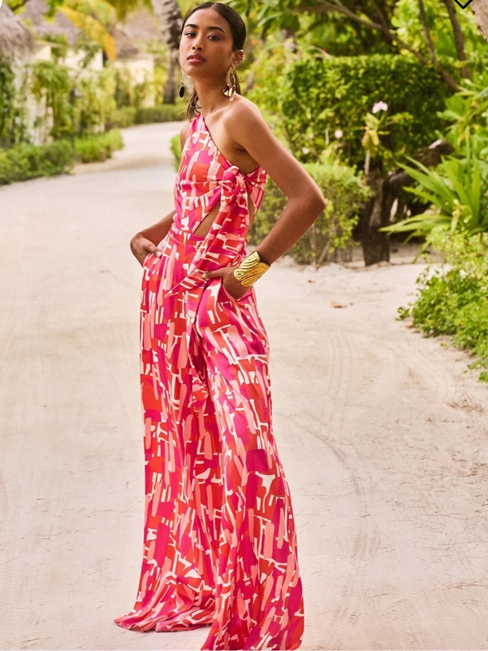 NWT Diarrablu Fuchsia & Coral Abstract One-Shoulder Jumpsuit